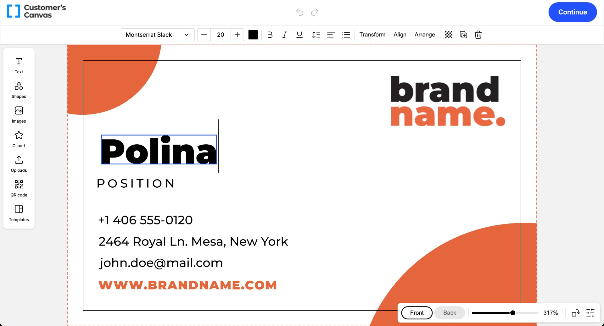 Customer’s Canvas template editor personalizing a business card