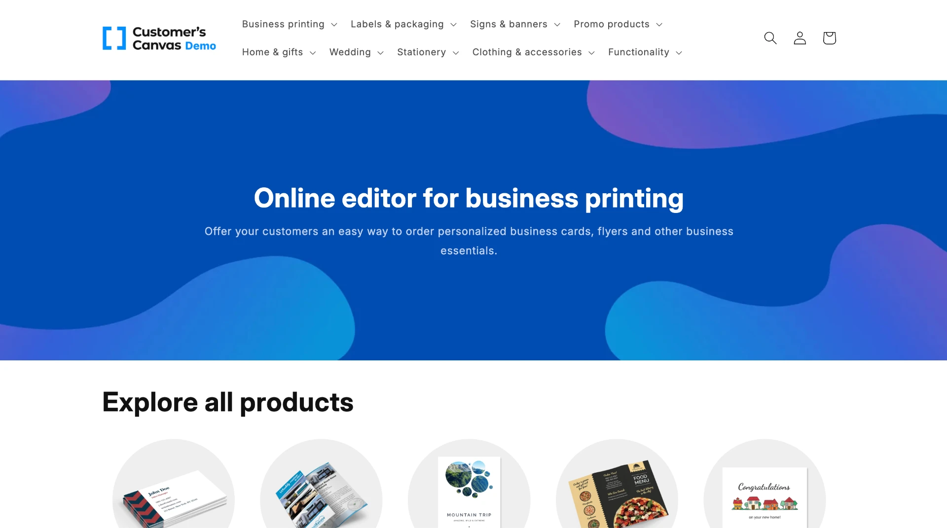 Customer’s Canvas Shopify demo store homepage