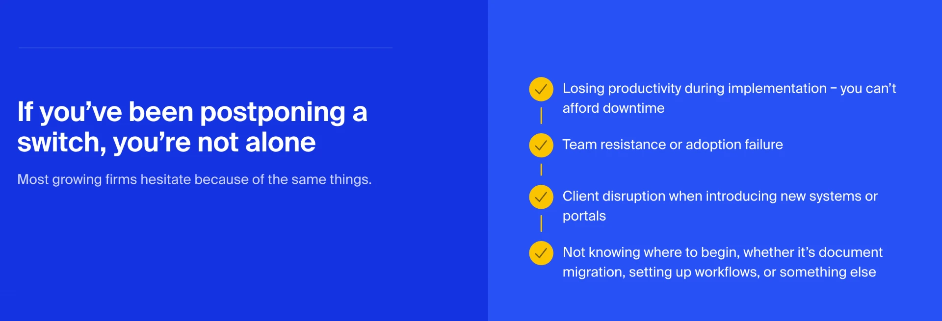 TaxDome migration page addressing common reasons firms postpone a switch