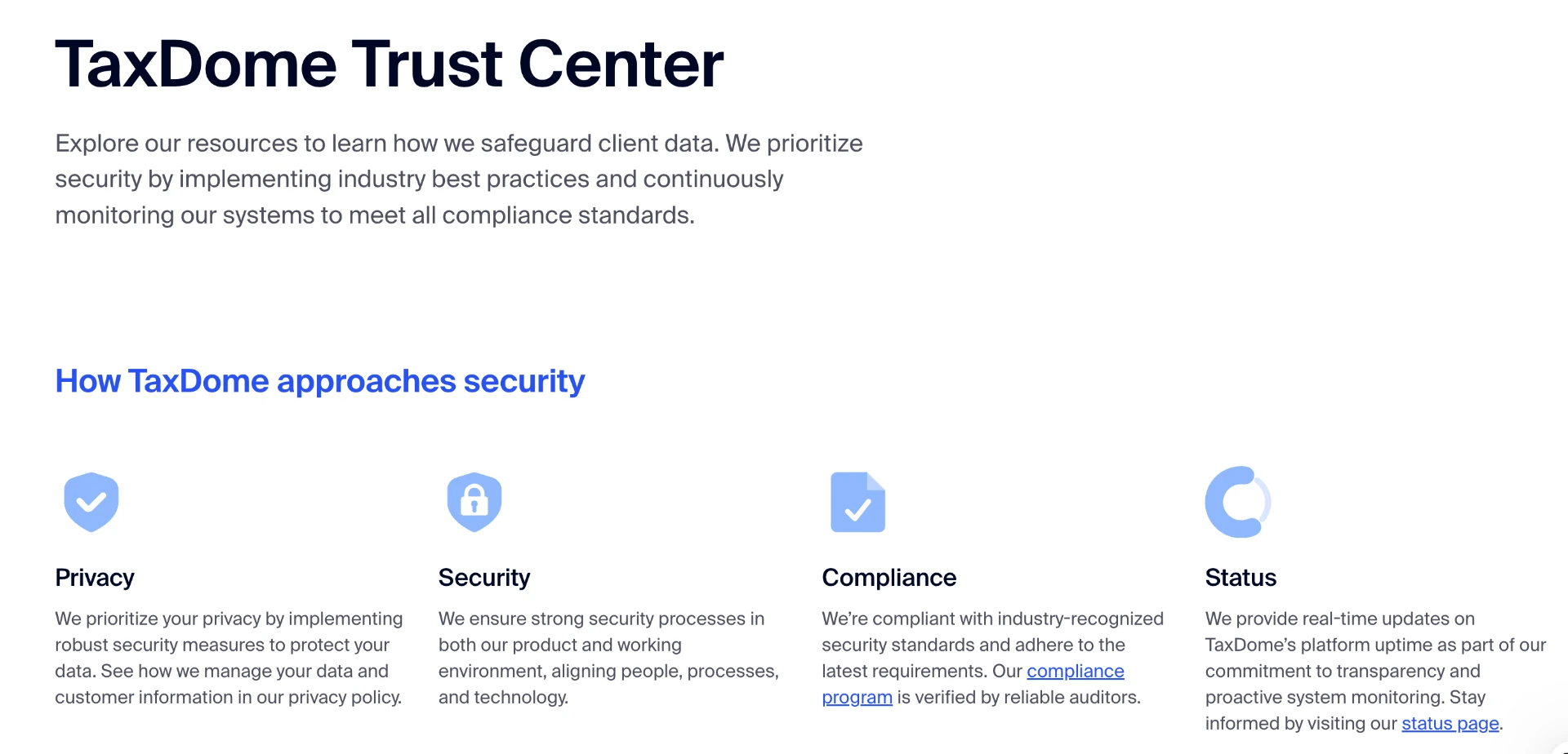 TaxDome Trust Center page: how TaxDome approaches security